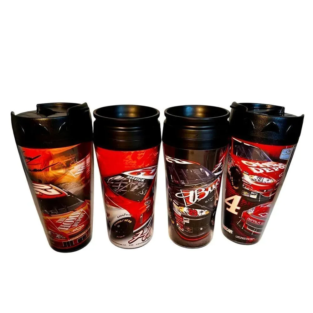 Set of 4 NASCAR-Themed Collectible Travel Mugs Tony Stewart & Kevin Harwick NEW